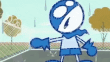 a cartoon character wearing a blue scarf and gloves is standing on a street .