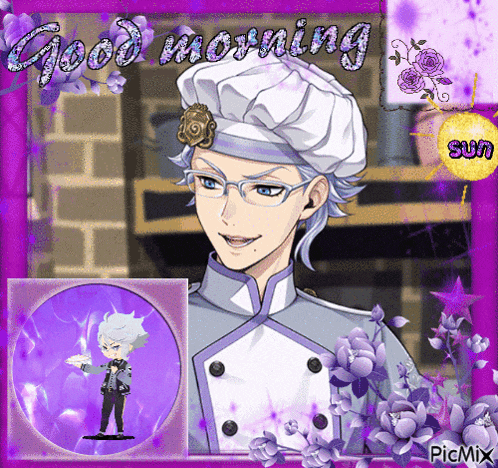 a picture of a man wearing a chef 's hat and glasses with the words good morning