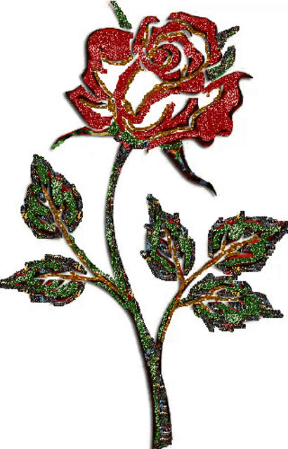 a red rose with green leaves and a stem on a white background