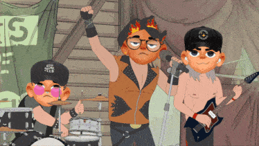 a cartoon drawing of a band with a man wearing a hat that says stay alive club