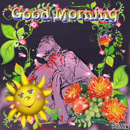 a picture of a sun and flowers with the words good morning