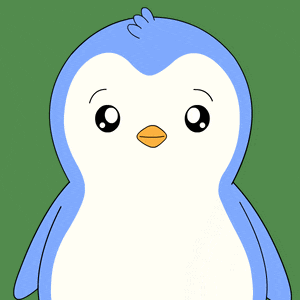 a blue and white penguin with a yellow beak is standing on a green background