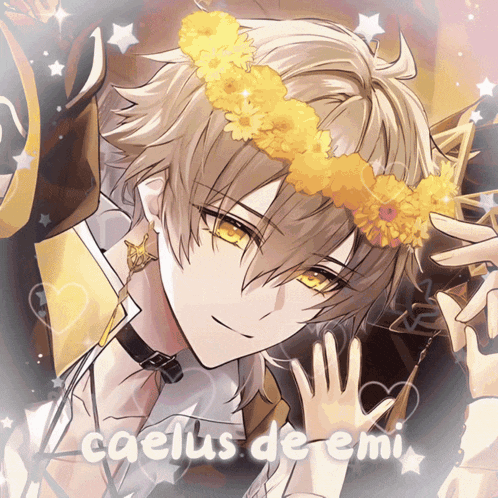 a picture of a boy with a flower crown on his head and the name caelius de emi on the bottom
