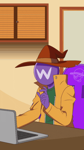 a cartoon of a person with a w on their face sitting in front of a laptop