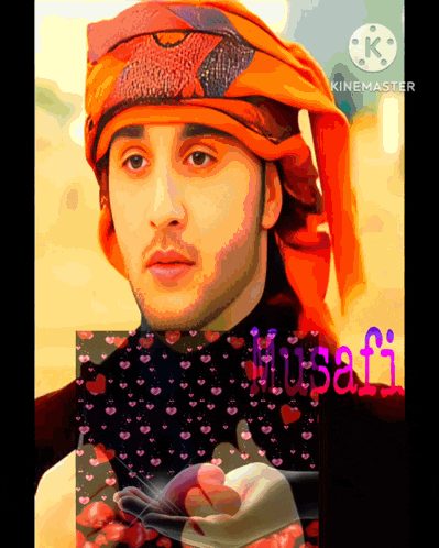a man wearing an orange head scarf is surrounded by hearts and the name murafi