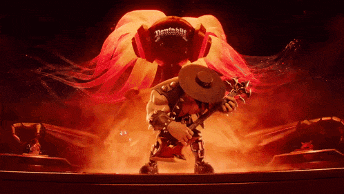 a man is playing a guitar in front of a sign that says thunderbolt