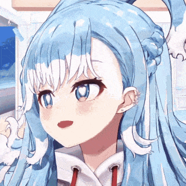 a close up of a girl with blue hair and white ears