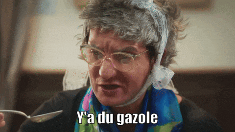 a woman with glasses and a bandage around her head says y'a du gazole