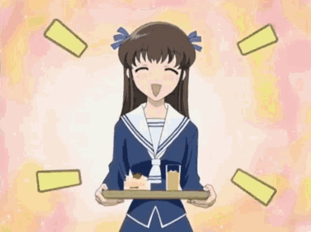 a girl in a sailor suit is holding a tray of food and a glass of orange juice .