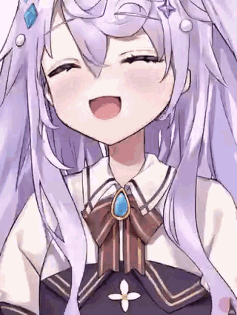 a close up of a purple haired anime girl with a bow tie and a flower in her hair .