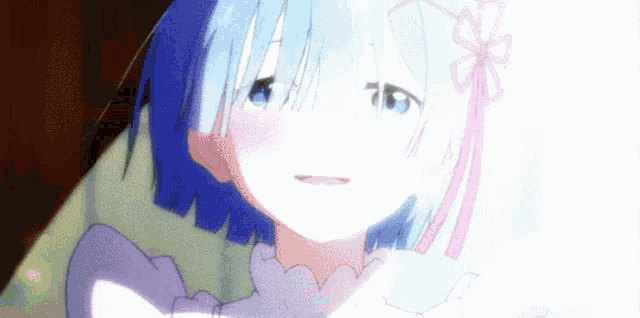 a close up of a girl with blue hair and a flower in her hair