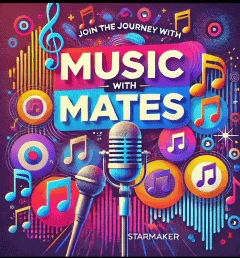 a poster for music with mates with a microphone and music notes