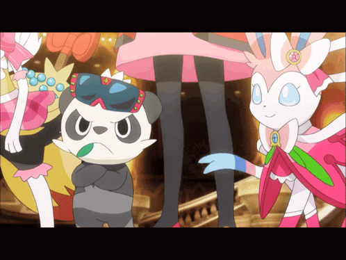 a panda bear wearing sunglasses is standing next to a pink rabbit