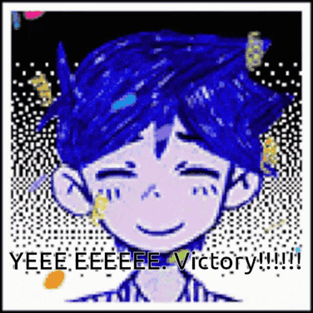 a pixel art of a boy with blue hair and the words yeee eeee victory