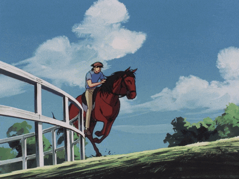 a painting of a man riding a horse over a bridge