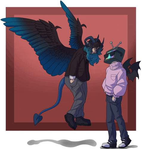 a drawing of a man with wings standing next to another man with a tv head