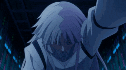 a cartoon character with purple hair and white hair is standing in a dark room