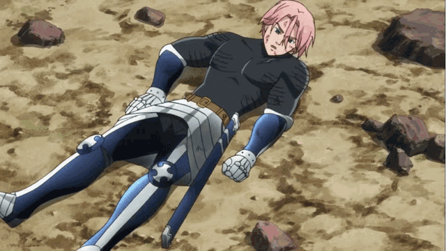 a cartoon character is laying on the ground with a sword in his hand