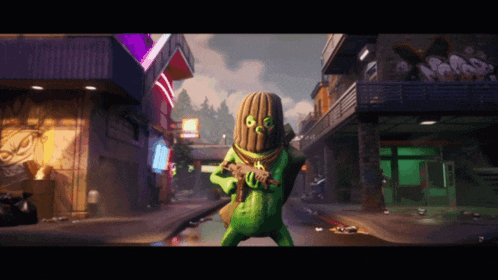 a cartoon character holding a gun in a city