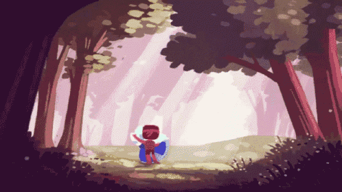 a cartoon drawing of a person in a forest with trees
