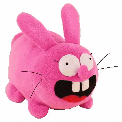 a pink stuffed bunny with big teeth and a big mouth is sitting on a white background .