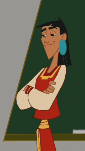 a cartoon character is standing in front of a blackboard with his arms crossed