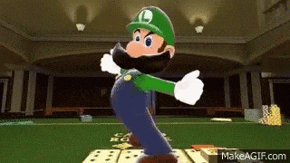 a cartoon character with a beard and a green hat is dancing on a playing field .