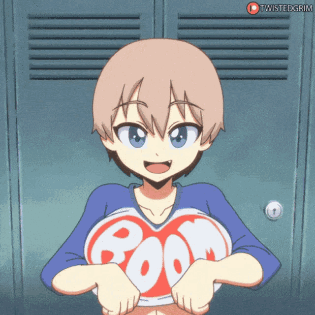 a cartoon of a girl with a shirt that says boom on it