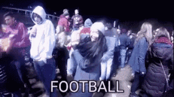a group of people are dancing in a crowd and the word football is on the bottom