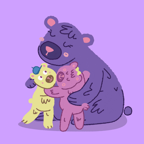 a purple bear is hugging a yellow bear and a pink bear with hearts surrounding them