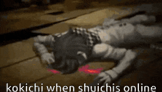 a person is laying on the floor with blood on the floor and the words kokichi when shuichis online .
