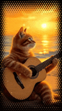 a cat is playing a guitar in front of the ocean