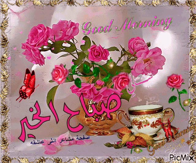 a picture of pink roses and a cup of coffee says good morning in arabic