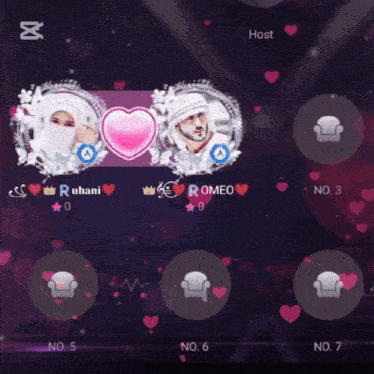a purple background with hearts and a man and woman named rubani and romeo