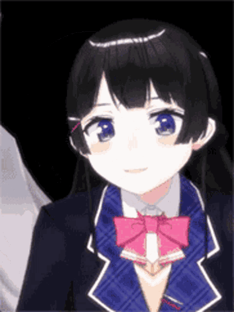 a close up of a anime girl in a school uniform with a pink bow .