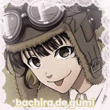 a drawing of a girl wearing a hat and goggles with the name bachira de gumi below it