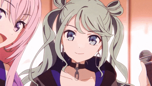 two anime girls are standing next to each other and one has a microphone in her hand