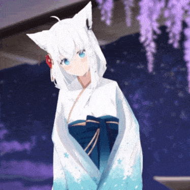 a girl with white hair and blue eyes wearing a blue and white kimono