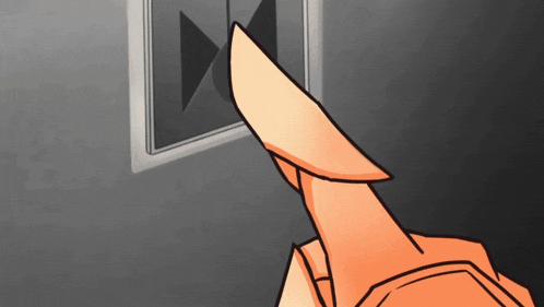 a cartoon drawing of a person pressing a button with arrows pointing in opposite directions