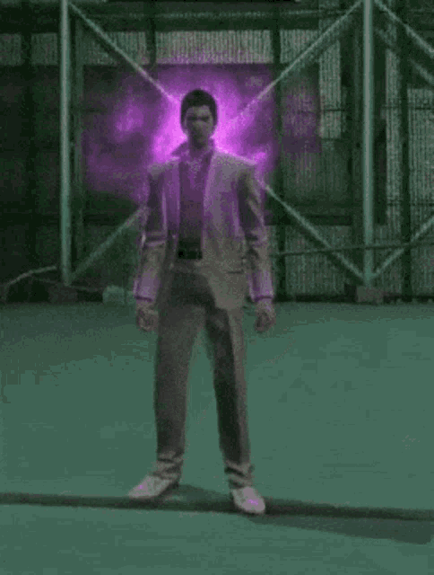 a naked man with a purple light behind him
