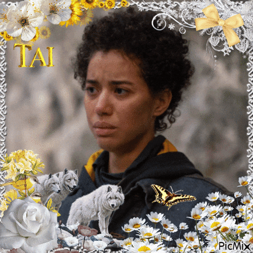a picture of a woman surrounded by flowers and the word tai