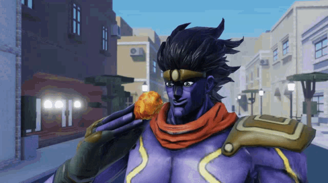 star platinum from jojo 's bizarre adventure is eating a fried chicken with chopsticks