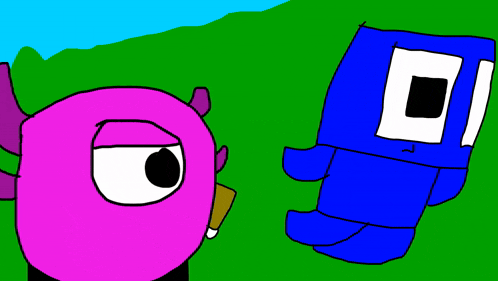 a pink monster and a blue monster are standing next to each other in a field