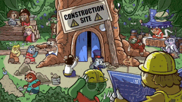 a cartoon drawing of a construction site with animals around it