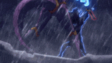a purple monster with red eyes is surrounded by blue waves