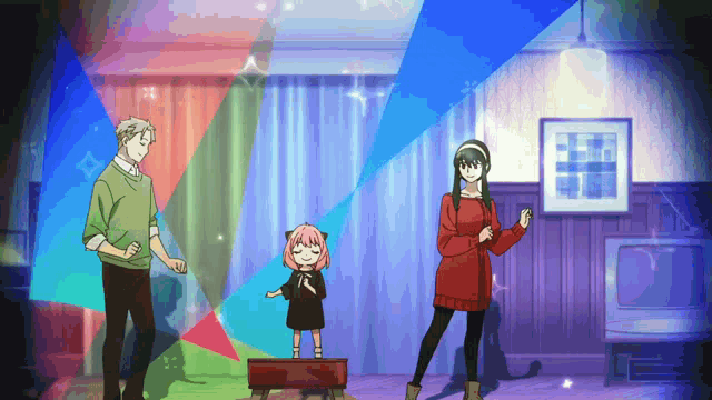 a group of anime characters are dancing in a room with rainbow lights