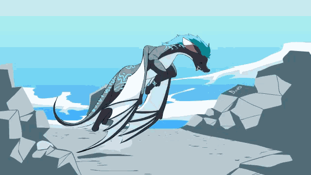 a cartoon drawing of a dragon with a blue haired head