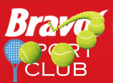 a logo for the bravo tennis club with tennis balls and a paddle