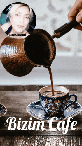 a cup of coffee is being poured into a saucer that says bizim cafe on it