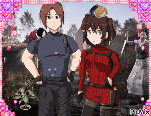 a girl in a red sweater is standing next to a man